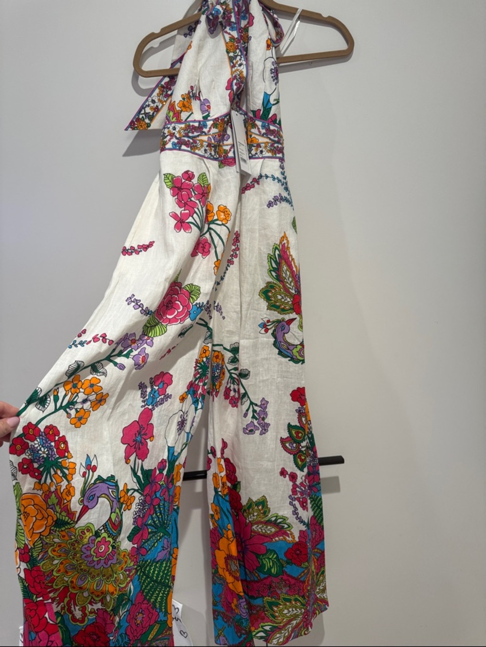 CAMILLA Halter Jumpsuit - White w Multicolor Floral Hippy Print “Cosmic Prairie”